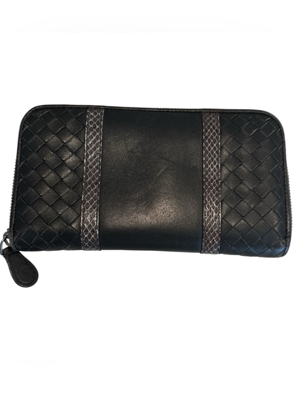 Bottega Veneta Intrecciato Long Zipper Wallet with Snake Skin accents